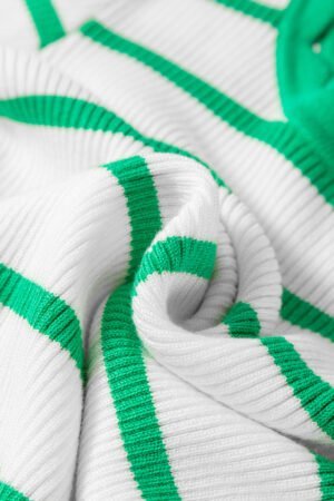 Bright Green Scalloped Trim U Neck Striped Ribbed Slim Sweater - Image 6