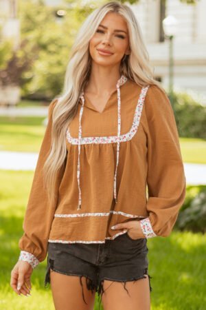 Straw Yellow Split Neck Pleated Floral Trim Long Puff Sleeve Blouse - Image 9