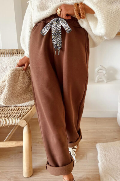 Coffee Fleece Lined Leopard Drawstring Elastic Waist Solid Pants