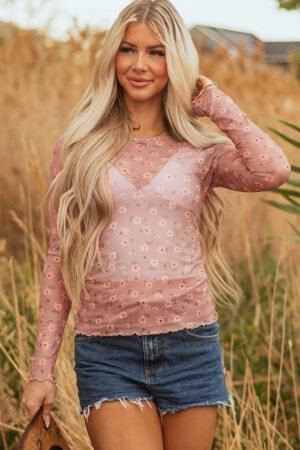 Pink Vintage Floral Print Southern Style Mesh Long Sleeve Top - Image 4