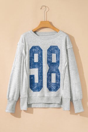 Light Grey Faded Varsity Print Loose Pullover Top - Image 6