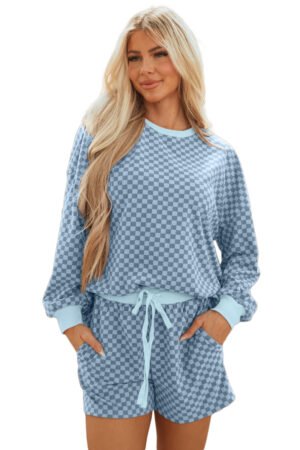 Sky Blue Checkerboard Long Sleeve Pullover and Shorts Set - Image 15