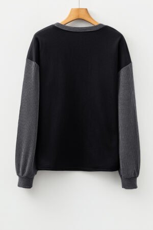 Black Halloween Rhinestone Pumpkin Face Contrast Ribbed Long Sleeve Patchwork Top - Image 4
