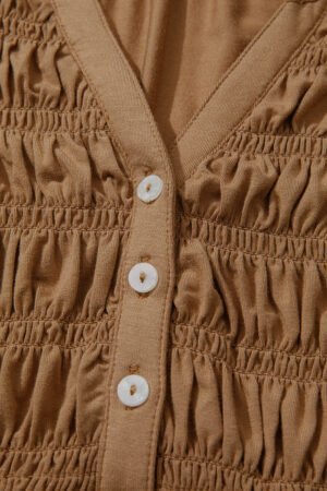 Cinnamon Smocked Bust Buttoned Split V Neck Flow Fit Blouse - Image 9