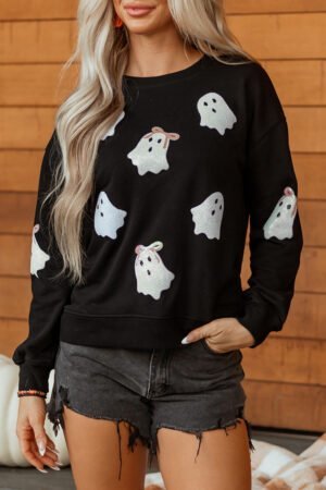 Black Sequin Cute Bow Ghost Graphic Crew Neck Halloween Sweatshirt - Image 3