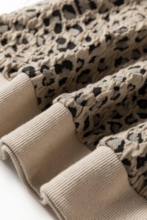 Khaki Ribbed Trim Leopard Print Long Sleeve Top - Image 5