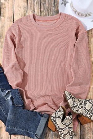 Pink Solid Ribbed Knit Round Neck Pullover Sweatshirt - Image 5