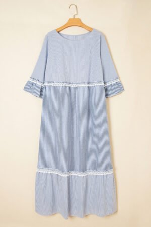 Sky Blue Stripe Crisscross Lace Detail Mixed Striped Patchwork Plus Size Shift Long Dress - Image 6