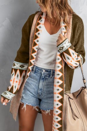 Brown Aztec Print Open Front Knitted Cardigan - Image 3