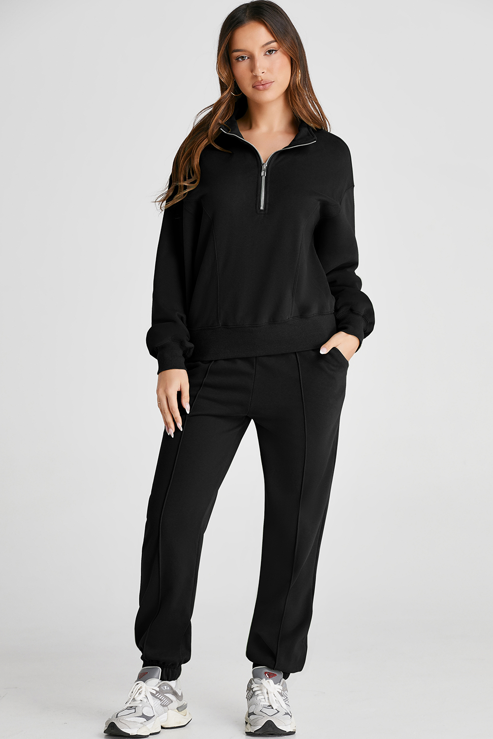 Black Half Zip up Pullover Active Top and Joggers Set Black Half Zip up Pullover Active Top and Joggers Set