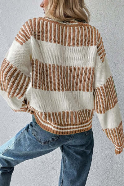Khaki Two Tone Striped Patchwork Drop Shoulder Loose Sweater