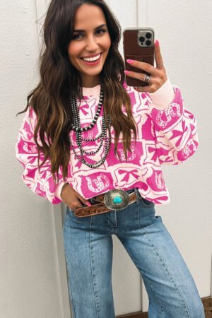 Pink Bows & Horseshoes Pattern Western Fashion Print Sweater - Image 2
