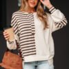 Khaki Stripe Stitched Detail Color Block Patchwork Oversized Pullover Top