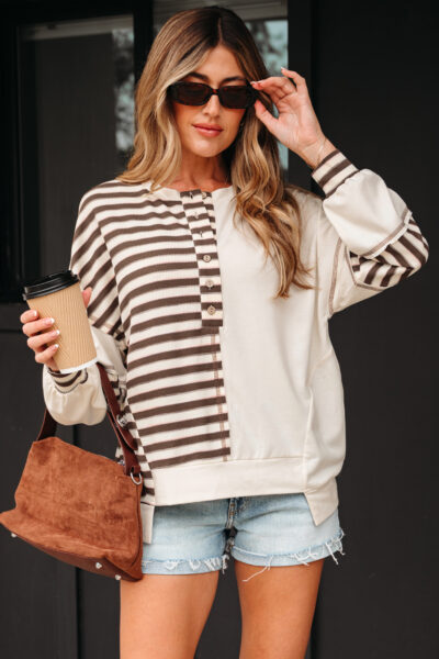 Khaki Stripe Stitched Detail Color Block Patchwork Oversized Pullover Top