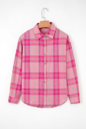 Sachet Pink Plaid Print Rounded Hem Long Sleeve Shirt with Pockets - Image 5