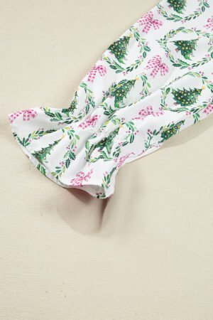 Green Christmas Fashion Print Velvet Trim Bow Knot Pajama 2pcs Short Set - Image 9