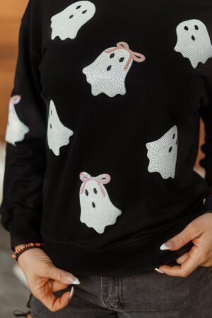Black Sequin Cute Bow Ghost Graphic Crew Neck Halloween Sweatshirt - Image 2