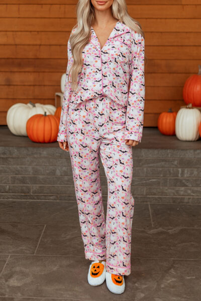 Pink Halloween Eve Haunted Honey Bat Print Pajama Set