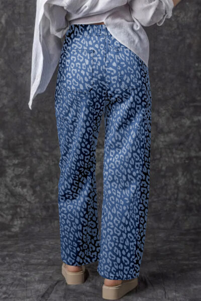 Blue Leopard Printed Drawstring Elastic Waistband Pocketed Wide Leg Jeans
