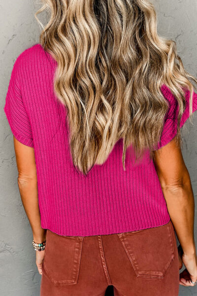Rose Red Patch Pocket Ribbed Knit Short Sleeve Sweater