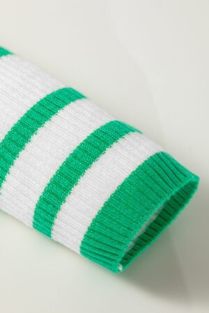 Bright Green Scalloped Trim U Neck Striped Ribbed Slim Sweater - Image 7