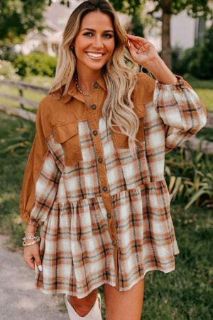 Alternative view of Khaki Plaid Color Block Patchwork Ruffle Hem Tunic Shirt Dress