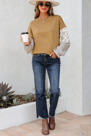 Camel Floral Striped Patchwork Ruffled Sleeve Crew Neck Sweatshirt - Image 4