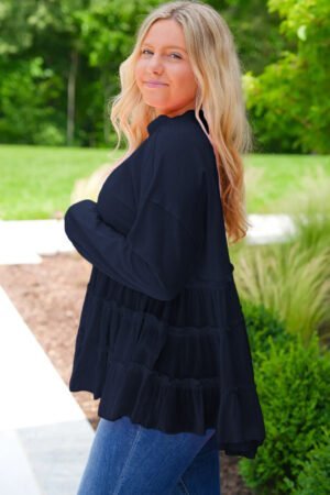 Navy Blue Tiered Ruffle Ribbed Crew Neck Pullover Plus Size Top - Image 4