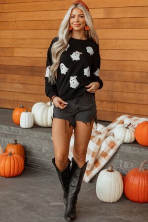 Black Sequin Cute Bow Ghost Graphic Crew Neck Halloween Sweatshirt - Image 9
