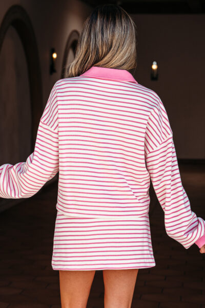 Pink Stripe Collared V Neck Drop Shoulder Pullover and Skort 2pcs Outfit