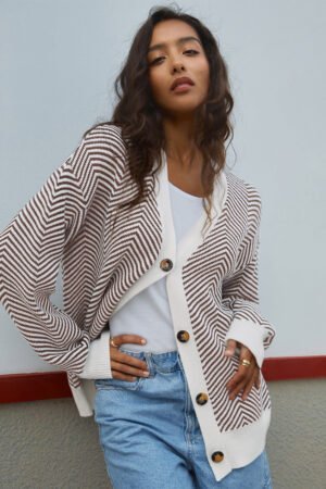 Brown Stripe Buttoned Front V Neck Herringbone Cardigan - Image 4