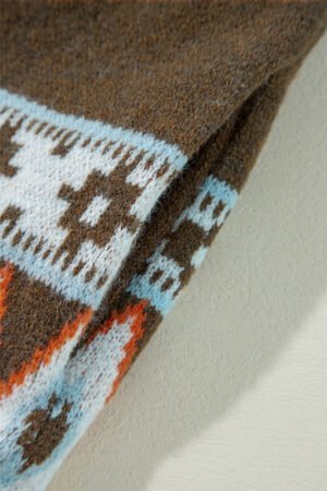 Brown Aztec Print Open Front Knitted Cardigan - Image 8