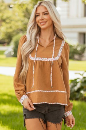 Straw Yellow Split Neck Pleated Floral Trim Long Puff Sleeve Blouse - Image 14