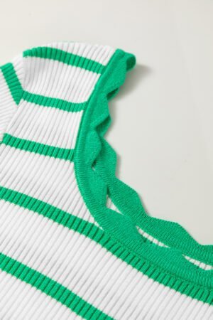 Bright Green Scalloped Trim U Neck Striped Ribbed Slim Sweater - Image 5