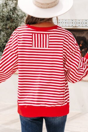 Red Stripe Exposed Seam Drop Shoulder Casual Pullover Top - Image 2