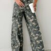 Green Camo Denim Cargo Wide Leg Pants