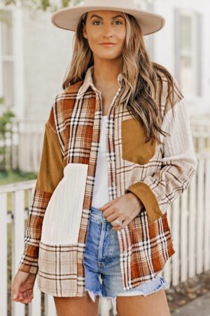 Orange Plaid Color Block Patchwork Shirt Jacket with Pocket - Image 5