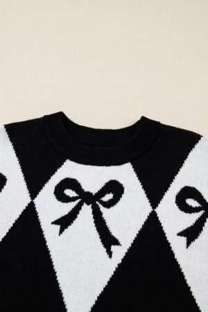 Black Bow Print 2-tone Rhombus Knit Loose Sweater - Image 7