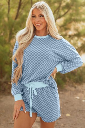 Sky Blue Checkerboard Long Sleeve Pullover and Shorts Set - Image 12