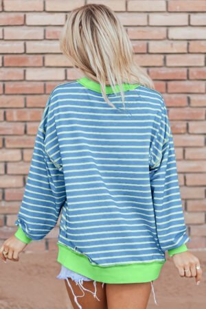 Sky Blue Stripe Contrast Trim High Low Pullover Tunic Sweatshirt - Image 2