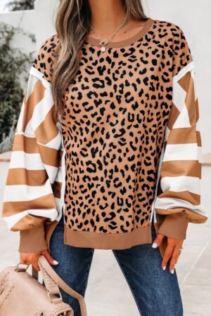 Khaki Stripe Color Block Patchwork Leopard Casual Sweatshirt with Slits - Image 6