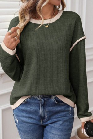 Four Leaf Clover Contrast Color Trim Knit Drop Shoulder Loose Top - Image 3