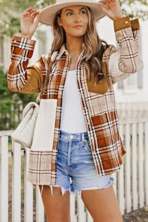 Orange Plaid Color Block Patchwork Shirt Jacket with Pocket - Image 4