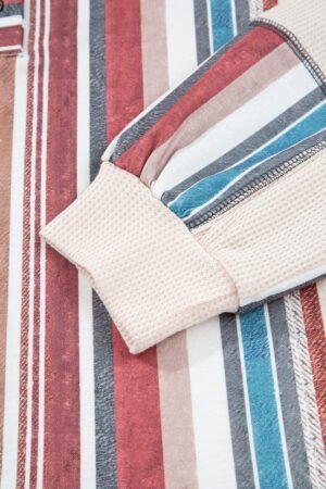 Beige Striped Waffle Patchwork Exposed Seam Raw Edge Casual Knit Top - Image 7