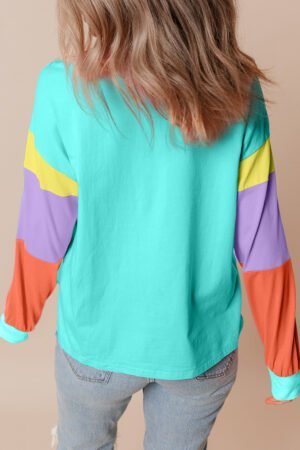 Light Blue Colorblock Patchwork Long Sleeve Loose Top - Image 4