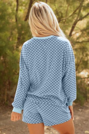Sky Blue Checkerboard Long Sleeve Pullover and Shorts Set - Image 10