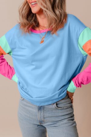 Dark Blue Colorblock Patchwork Long Sleeve Loose Top - Image 3