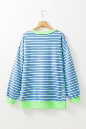 Sky Blue Stripe Contrast Trim High Low Pullover Tunic Sweatshirt - Image 6