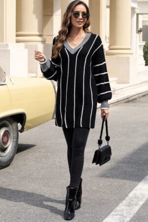 Black Colorblock Striped V Neck Knitted Loose Sweater - Image 5
