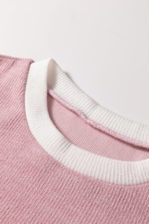 Light Pink Contrast Color Trim Knit Drop Shoulder Loose Top - Image 8